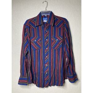 VTG Wrangler Flannel Mens Shirt L Striped Pearl Snap Western Grunge Rock